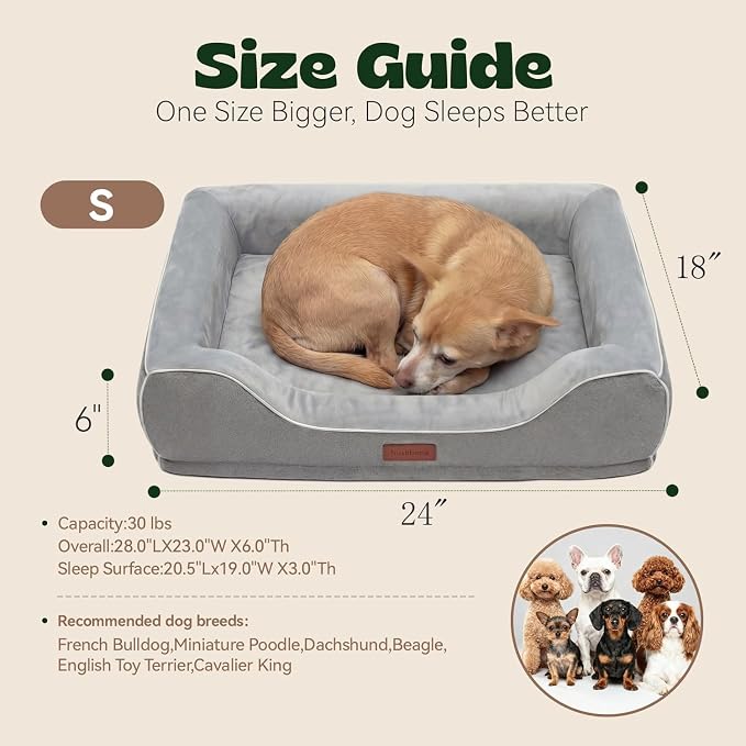 Orthopedic Dog Bed for Small Dogs,Cooling Gel Memory Foam Pet Bed with Removable Waterproof Cover,Puppy Couch Bed Washable for Joint Pain Relief,Grey,24"x18"x6"