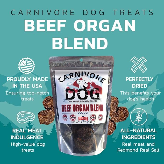 Carnivore Dog Treats, Human Grade, Grass-Fed Beef Liver, Heart & Kidney Made with Redmond Real Salt, No Additives, Healthy, Chewy, Training Snack for All Breeds, Beef Organ Blend, Pack of 3