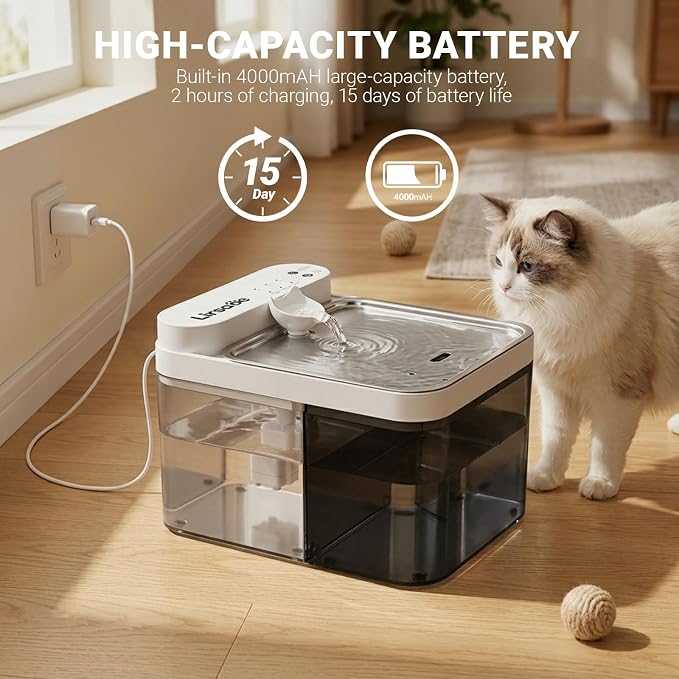 Cat Water Fountain, Filterless Cordless Cat Water Bowl，Not Continuous-Flow Auto-Refill Pet Water Dispenser with Scheduled Water Refresh, Wastewater Separation, Stainless Steel Tray
