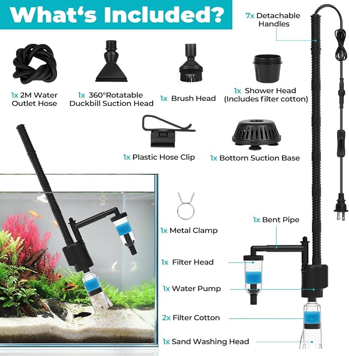 fishkeeper Electric Aquarium Gravel Cleaner, 8 in 1 Automatic Fish Tank Cleaner Kit Gravel Vacuum for Fish Tank, for Change Water/Wash Sand/Water Filter/Water Circulation (30W 480GPH)