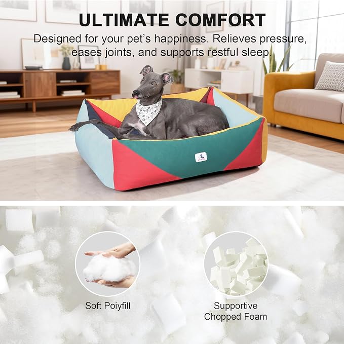 Cotton Canvas Dog Bed, Dog Beds Large Sized Dog, Orthopedic Bed with Washable Removable Cover, Durable 290 GSM Cotton Anti-chewing Pet Bed with Anti-Slip Bottom (38"x30"x12", Red&Yellow&Green)