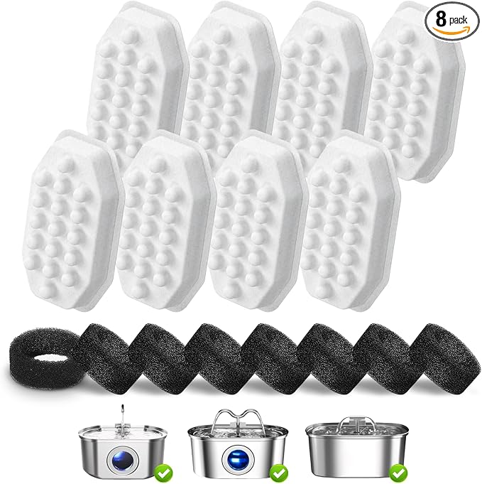 16 Pack Cat Water Fountain Replacement Filters & Pre-Filter Sponges, Includes 8 Filters & 8 Sponges for 108oz/3.2L Stainless Steel Pet Fountains – Compatible with Rellaty & Neareal