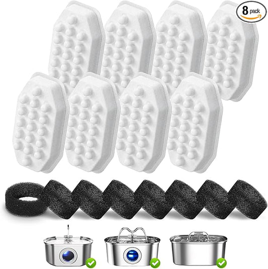 16 Pack Cat Water Fountain Replacement Filters & Pre-Filter Sponges, Includes 8 Filters & 8 Sponges for 108oz/3.2L Stainless Steel Pet Fountains – Compatible with Rellaty & Neareal