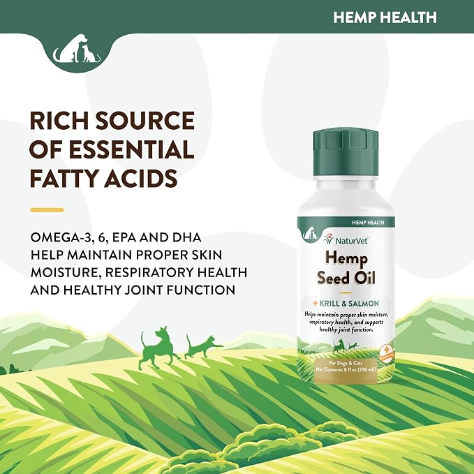 NaturVet Hemp Seed Oil Krill and Salmon, 8 oz. Liquid, Made in The USA