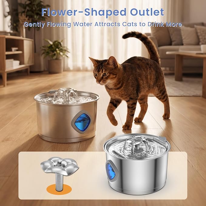 Stainless Steel Cat Water Fountain, 95oz/2.8L Automatic Cat Water Dispenser with 3 Replacement Filters, Pet Fountain for Cats Dogs Indoor, Water Level Window, Quiet Water Pump