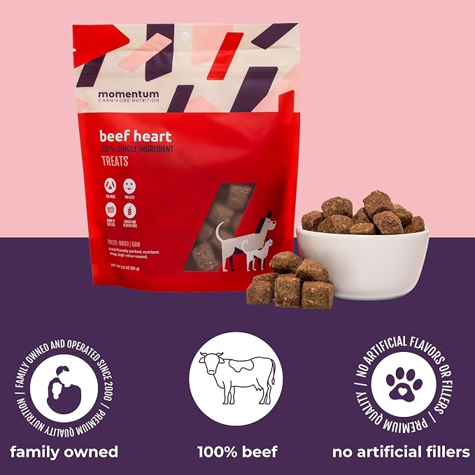 Momentum Carnivore Nutrition Freeze-Dried Beef Bundle – Beef Heart Treats and Training Bites – Single & Two-Ingredient Dog & Cat Treats – Grain-Free, High Protein, USA Made – 3.5 oz + 2.5 oz
