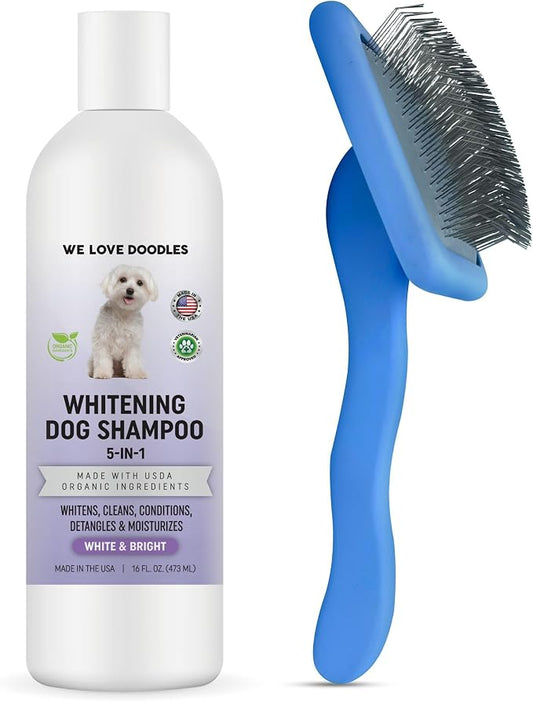We Love Doodles Whitening Dog Shampoo & Slicker Brush - Made in USA, Brightening Dogs Fur, Removes Stains & Discoloration, for Grooming Pet Hair, Long Pin Brush for Dematting