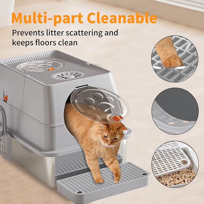 FAMILY'S BACKYARD Cat Litter Box Stainless Steel,Kitty Litter Box,Fully Enclosed Stainless Steel XL Large Cat Litterbox with lid, Built-in Deodorizer, Built-in Cat Litter Scoop, Easy to Clean