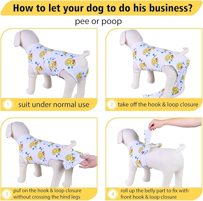 PetWarm Dog Onesie After Spay, Recovery Suit for Female Male Dogs Bodysuit for Abdominal Affected Areas Sensitive Skin Areas Substitute E-Collar and Cone, Dog Bodysuit, Duck Pattern, White, S