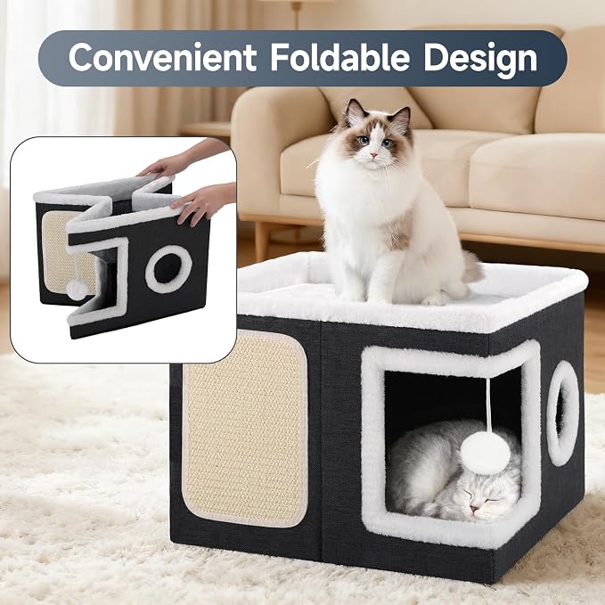 Shikha Cat Beds for Indoor Cats, Large Cat Cave with Cozy Condo, Fluffy Ball, Round Window, Foldable Indoor Cat House Hold Up to 30LBS, Cat Hideaway with Reversible Cushions for All Seasons, Black