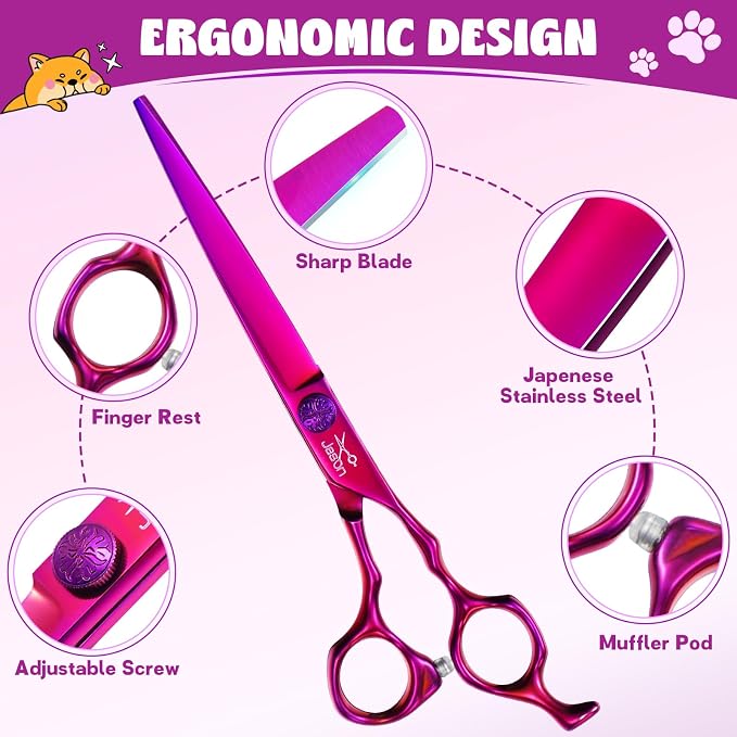 JASON Purple 6 in 1 Dog Grooming Scissors Set - Professional Thinner Set - 7" Thinning, Straight, Up-Curved, Down-Curved Scissors and Comb for Dog Cat Pet with Adjustable Screw
