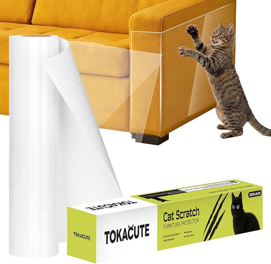 200" x 16.5" Anti Cat Scratch Furniture Protector, Single-Sided Sticky Couch Protector from Cats Claws, Couch Corner Guard Under Pet Claws, Thicken Viny Flexible Scratch Deterrent Tape