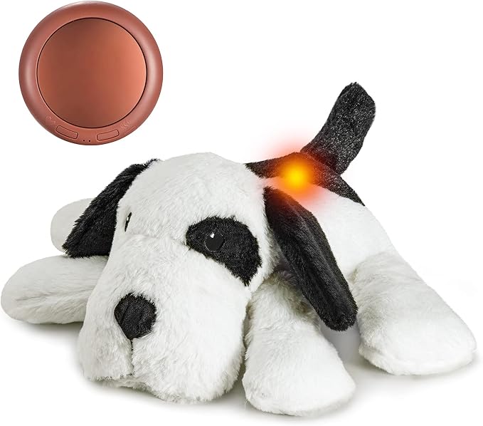 Moropaky Heartbeat Warm Heat Stuffed Animal for Dog Anxiety Relief, Calming, Behavioral Aid, Sleep Aid, Soothe, Cuddle Comfort Toy, Black & White