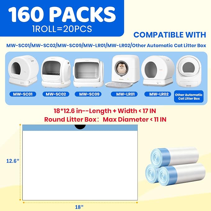 160 Count Drawstring Cat Litter Box Liners, Durable Cat Litter Bags Compatible with Meowant MW-SC01/SC02/SC09/LR01/LR02 Self-Cleaning Litter Box, 18"x12.6"