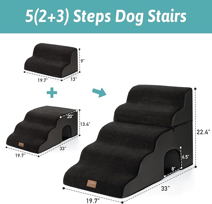 COZY KISS Extra Wide Dog Stairs with Tunnel, Detachable Large Pet Step for Small Medium Dog, Puppy or Cat, Ramp for High Bed, Couch, Sofa or Car, Stable, 19.7x33x22.4 inch, 5 Step, Black