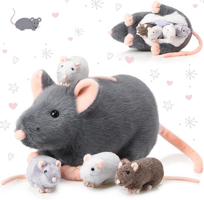 Arrowbash 5 Pcs Mouse Stuffed Animals Set - 14'' Large Mommy Rat Plush with 4 Small Mouse Babies in Zippered Tummy Stuffed Rat Plush Toys for Kids Girls Boys Valentine Birthday Gift(Cute Style)