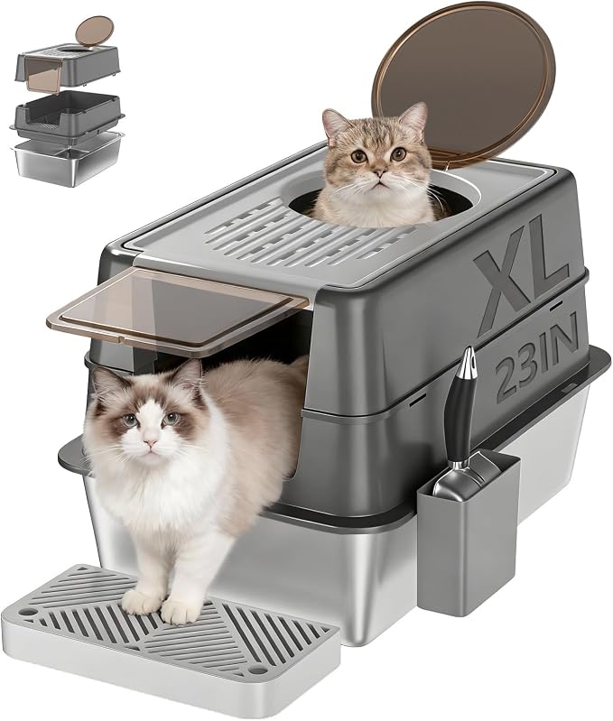 Stainless Steel Cat Litter Box with Lid, XL Enclosed Covered Litter Box for Large Cats, Front Entry Top Exit, High Sided Metal Litter Box, Odor Control, Leak Proof, Scoop & Pedal Included