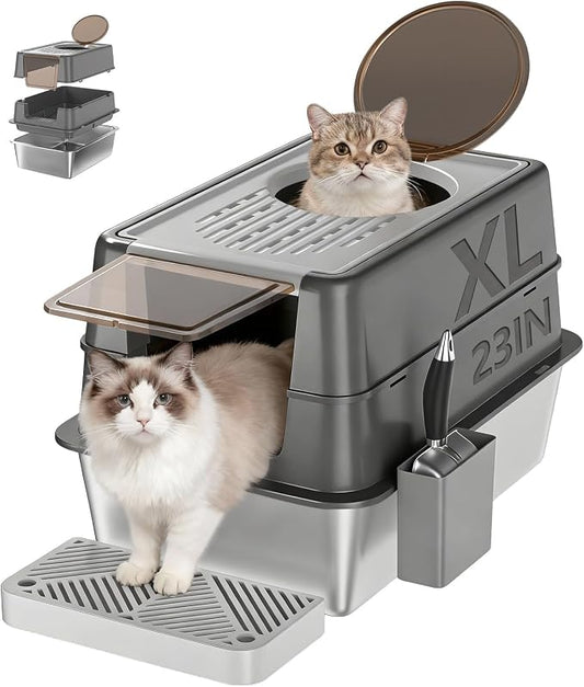 Stainless Steel Cat Litter Box with Lid, XL Enclosed Covered Litter Box for Large Cats, Front Entry Top Exit, High Sided Metal Litter Box, Odor Control, Leak Proof, Scoop & Pedal Included