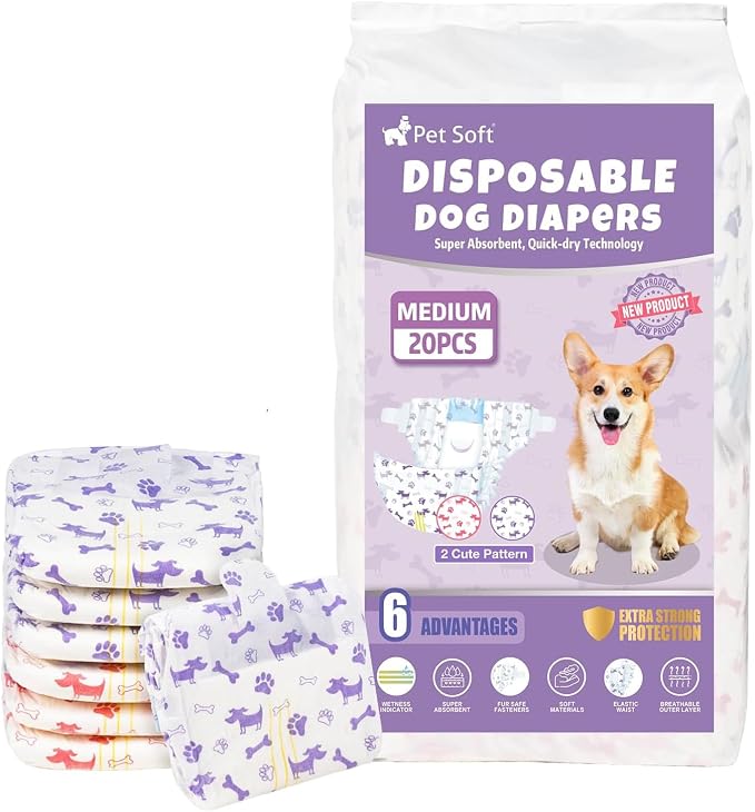Pet Soft Female Dog Diapers - Disposable Doggie Diapers with Wetness Indicator, Puppy & Cat Diaper Super Absorbent, Fit for Female Dog in Heat or Incontinence, 20pcs (M, Mixed)