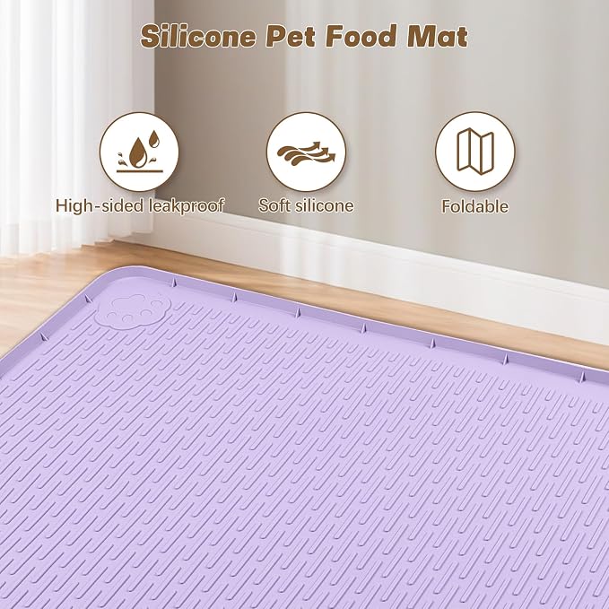 Cat Food Mat, 50" x 35" Extra Large Silicone Pet Feeding Mat with Raised Edge Pet Placemat for Food and Water Bowl Non-Slip, Easy to Clean, Floor Protection (Purple)