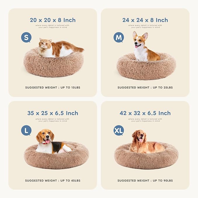 DUMOS Donut Dog Beds for Large Dogs, Machine Washable Cuddler Warming Cozy Fluffy Faux Fur Plush Round Pet Bed, Anti-Slip Bed for Indoor Dogs and Cats, 30.7x30.7 Inch, Brown