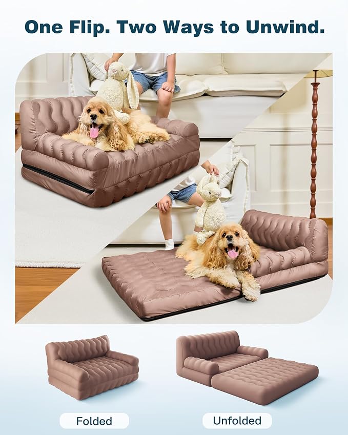 Orthopedic Memory Foam Dog Sofa Bed, Foldable Pet Couch Bed, Cooling Fabri & Removeable Cover, Beige,30"x40"x16"