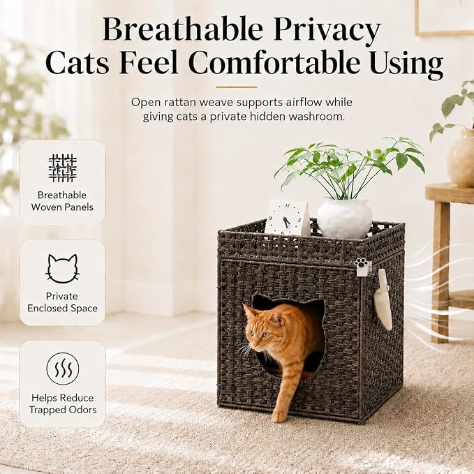 Handwoven Rattan Cat Litter Box Enclosure for Large Litter Boxes, Includes 1 Litter Mat & 2 S-Hook Attachments, Furniture-Grade Hidden House for Living Room, Bedroom, 24.6"x24"x19.88" Brown