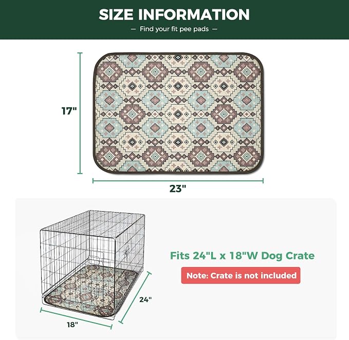 FXW Washable Pee Pads for Dogs, Puppy Pads with Super Absorbent, Specifically Designed for 24inch Cages, 17" x 23" Rectangle, Tribal Beige, 2 Packs