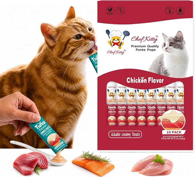 Cat Treats Lickable | Grain-Free Cat Food Toppers, High Protein | Creamy Puree Squeeze Ups with Vitamin E & Taurine, Digestible Formula | 0.5 oz. Each Tube, Chicken Flavor | 10 Tubes