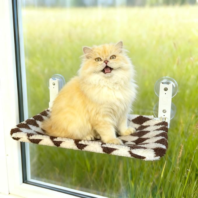 Cat Window Perch, Foldable Cat Hammock Seat for Window with Metal Frame and Large Suction Cups, Window Perch for Cats Inside, Hold 40lb (Brown and White, L)