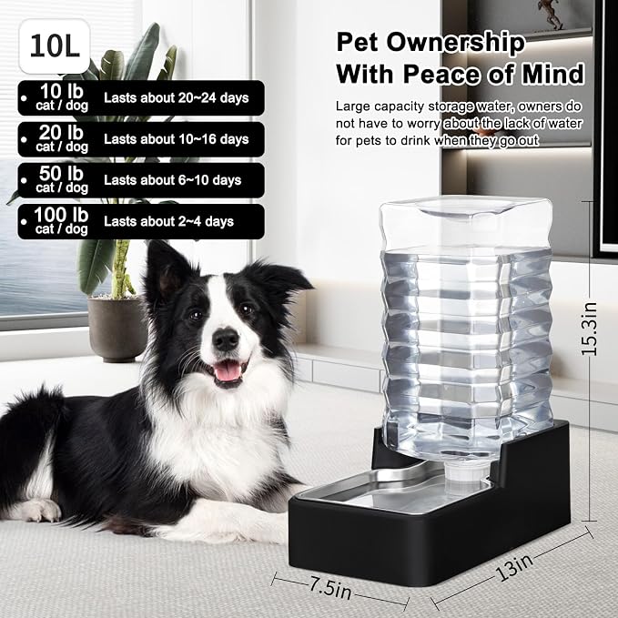 RIZZARI 10L Stainless Steel Gravity Pet Water Dispenser – Leak-Resistant Auto-Refill Waterer with Easy-Clean No-Filter Design for Medium & Large Dogs, Ideal for Homes & Offices