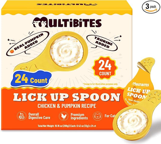 Lickable Cat Treats with Lick-Up Spoons, Healthy Pumpkin Wet Cat Snacks for Digestive Support, Grain-Free Kitten Treats with Taurine, Vitamins & 70% Real Chicken, 10.16 oz (24 Spoons)