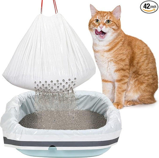 Jutom 42 Count Jumbo Sifting Cat Litter Bags 36 x 18 Inch Extra Large Thick Cat Litter Box Liners with Holes Disposable Thick Scratch Resistant Rubbish Bags Drawstring Rubbish Box Liners