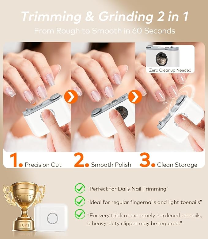 Electric Nail Clipper for Seniors |Dual-Blade System| Toenail & Fingernail Automatic 2-in-1 Trimmer & Polish with LED Light & Clip Storage Ultra-Quiet & Safe for Baby & Adults