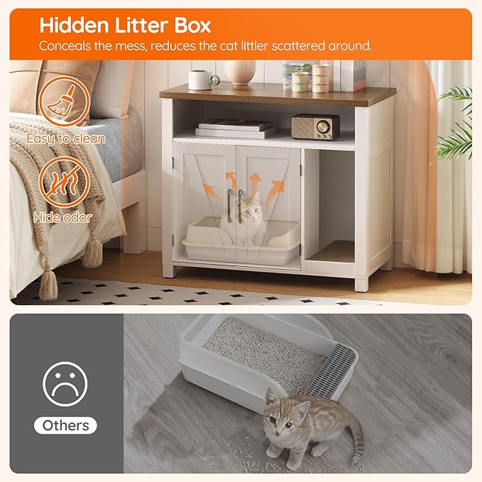 HOOBRO Cat Litter Box Enclosure, Farmhouse Hidden Litter Box with Scratch Pad, Litter Box Furniture with Storage Layer, End Side Table,White and Walnut, WH24MW01