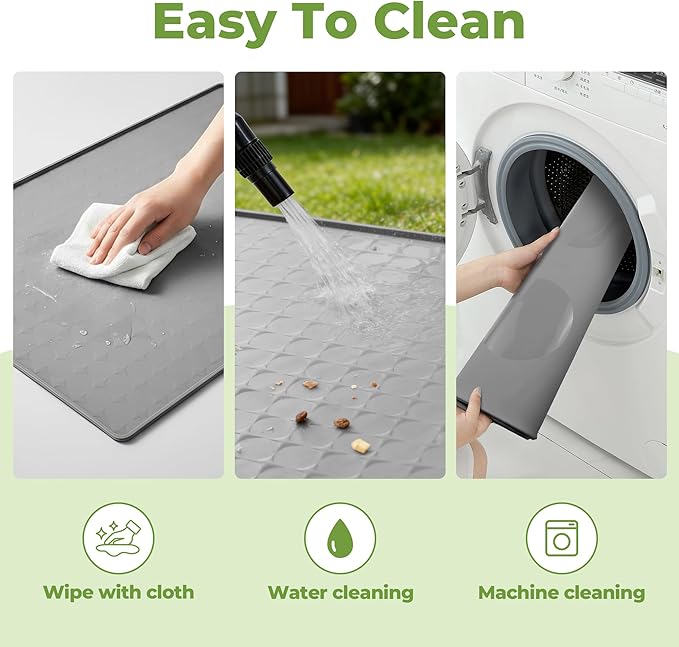 Extra Large 34x22 Inch Machine Washable Silicone Pet Food Mat - Waterproof Dog & Cat Bowl Mat with Raised Edge, Non-Slip Floor Protector for Large Dogs, Multi-Pet Homes (Grey)