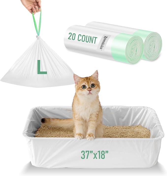 ZOMISIA Cat Litter Box Liners Large - 20 Count 37" x 18" Jumbo Litter Bags with Drawstring, Extra Thick Kitty Litter Pan Liners Tear Resistant Heavy Duty, Easy Clean up for Litter Tray, Unscented