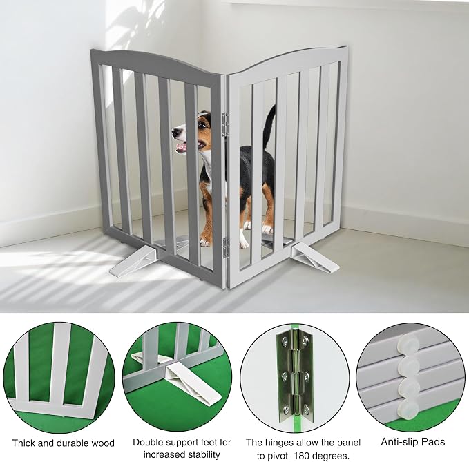 ZJSF Foldable Freestanding Indoor Dog Gate for House Wood Long Pet Gates Dog Fence for Stairs Puppy Gates for Hallways, Puppy Gate,Support Feet Included, Grey, 32 "Height-2 Panels