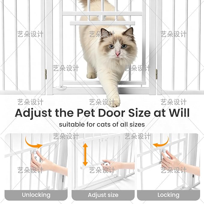 Full Metal Freestanding Dog Gate with Cat Door for Outdoor & Indoor,34" Tall Foldable Pet Fence,80" Extra Wide Free Standing Dog Gate for RV Camping,Stairs,Hallways,Doorways,Deck,Yard (4 Panels,White)