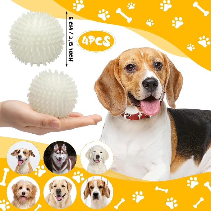 Silipull 4 Pcs 3.15 Inch Glow Dog Ball Spiky Squeaky Dog Toy Ball Glow in The Dark Rubber Interactive Elastic Puppy Fetch Chew Toys for Aggressive Chewers Small, Medium, Large Puppy Pet