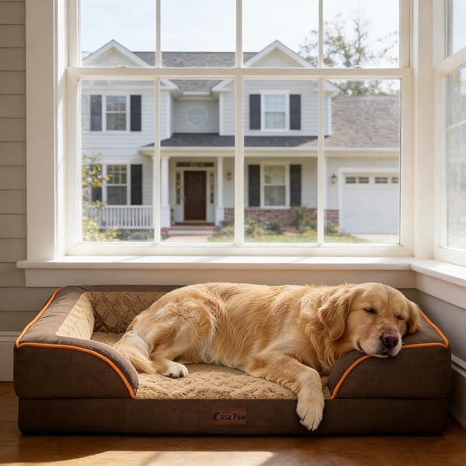 Orthopedic Dog Beds for Extra Large Sized Dogs 53x42 Inch, XXL Waterproof Egg Crate Foam Dog Sofa Bed with Removable Washable Cover Big Pet Couch with Bolster & Non-Slip Bottom, Brown
