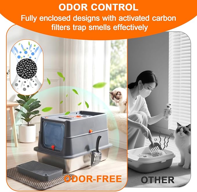 XLarge Stainless Steel Litter Box with Flip Top Lid, High Sided Enclosed Metal Cat Litter Pan, Dog Proof Odor Control Easy Clean, Includes Litter Mat & Scoop, Step Pedal, Carbon Filter, Gray-XL