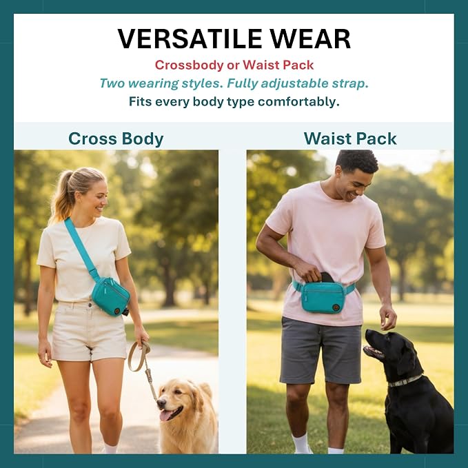 Auntie Sally's Bed & Biscuit Dog Treat Pouch with Adjustable Belt Extender, Hands Free Dog Walking and Training Pouch, Easy Clean Silicone Liner, Multiple Pockets