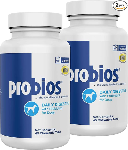 Probios Chewable Tablets for Dogs, Daily Probiotic Supplement for Gut Health, Digestion & Immune Support, Improves Microbiome Balance During Stress, Travel, Chicken Liver, 45 Count (Pack of 2)