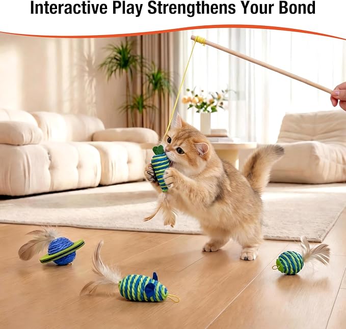 UTEE Cat Wand Toy for Indoor Cats, Interactive Teaser Set with Solid Wood Handle, 7 Replaceable Refills, Natural Paper Rope Crinkle Attachments for Kittens to Chase & Exercise