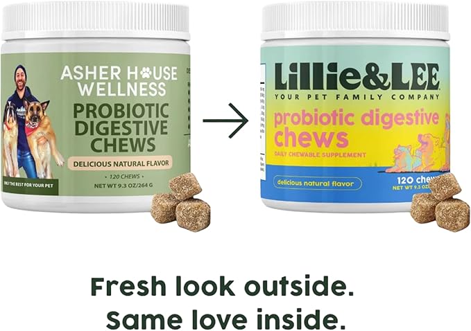 Asher House Wellness Probiotics Digestive Chew for Dogs - Now Lillie & Lee - Probiotic, Digestive Enzymes for Gut Health & Digestion - Pet Chews for Diarrhea, Upset Stomach - 120 Chews