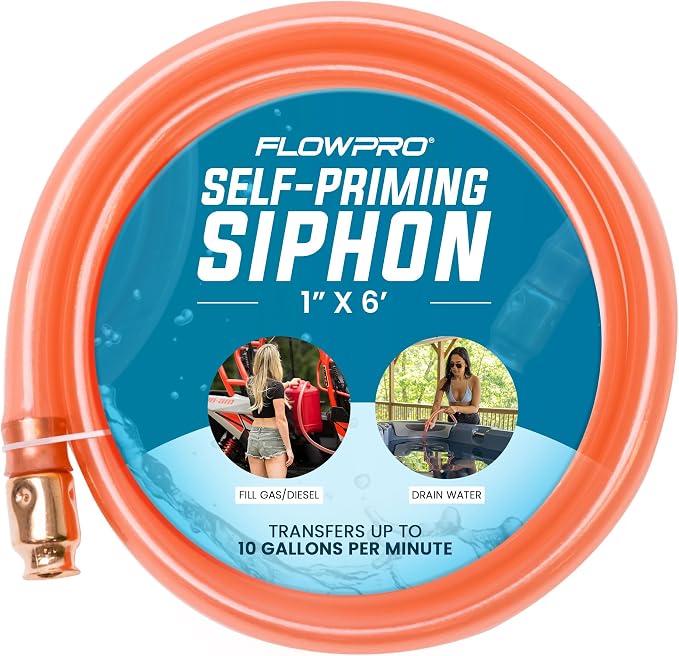 1” x 6’ Self-Priming Shaker Jiggler Siphon Hose, FlowPro Siphon Gas & Fuel Transfer Pump, Gas Can Siphon for Boats, Jet Ski, Pontoon. Water Siphon Pump for Hot Tub Drain and Cold Plunge | 10 GPM