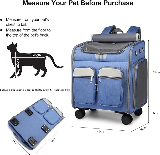Wheeled Pet Carrier Backpack Pet Stroller,Travel Carrier with Detachable Wheels for Small Dogs Cats Puppies Up to 17 Lbs, Folding Puppy Carrier,Mesh Ventilation Windows, Storage Pockets