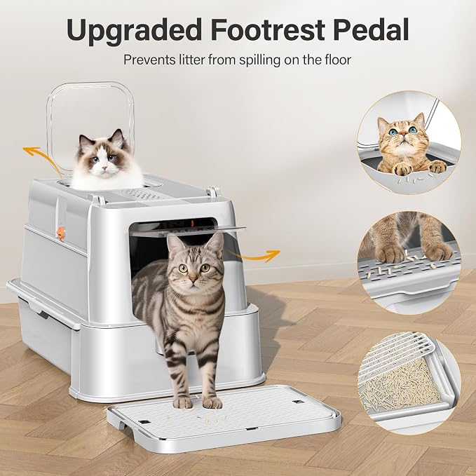 HEGGCOOE Enclosed Stainless Steel Cat Litter Box with Lid，XL Large Metal Cat Box with Drawer for Big Cats,Top Exit Kitty Litter Box Includes Scoop, Filter Pedal,Odor Control, Easy Cleaning