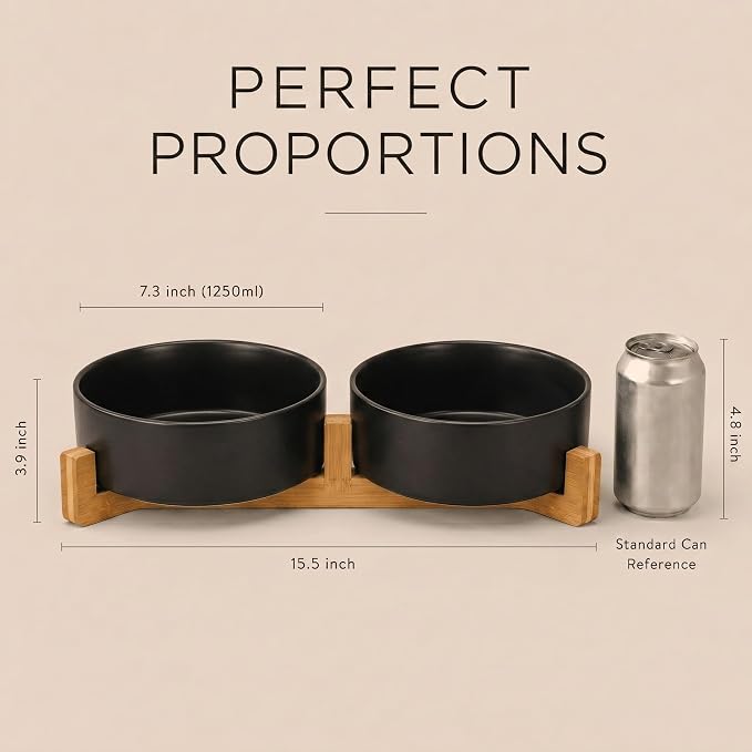 SPUNKYJUNKY Ceramic Dog and Cat Bowl Set with Wooden Stand, Modern Cute Weighted Food Water Bowl Set for Medium to Large Size Dogs (42 OZ, 2 × Black)